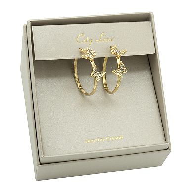 City Luxe Gold Tone Crystal Butterfly Hoop Earrings
