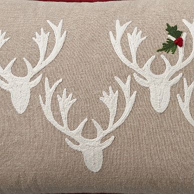 Mina Victory Holiday Embroidered Deer & Holly Throw Pillow