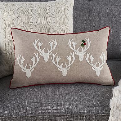 Mina Victory Holiday Embroidered Deer & Holly Throw Pillow