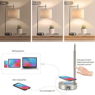 25'' T-shaped Table Lamp with Wireless Charging Pad and USB Ports