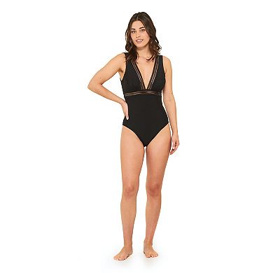 Women's Freshwater Mesh Trimmed V-Neck Longline One Piece Swimsuit