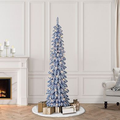 Puleo International Inc. 6-ft. Pre-Lit Flocked Blue Artificial Alpine Pencil Christmas Tree