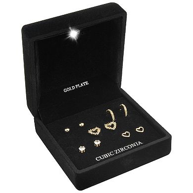 Gold Tone Cubic Zirconia 5-Pair Stud Earring Set