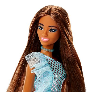 Barbie?? Doll with Brunette Hair & Teal Metallic Dress