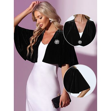 Velvet Cardigans for Women's Bell Sleeve Solid Open Front Cropped Shrug Bolero Jacket