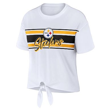 Women's WEAR by Erin Andrews White Pittsburgh Steelers Front Tie Retro T-Shirt