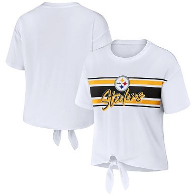 Women's WEAR by Erin Andrews White Pittsburgh Steelers Front Tie Retro T-Shirt