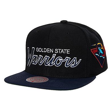 Men's Mitchell & Ness Black Golden State Warriors Hardwood Classics MVP Team Script 2.0 Snapback Hat