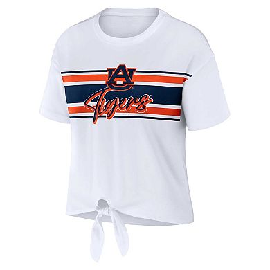 Women's WEAR by Erin Andrews White Auburn Tigers Striped Front Knot Cropped T-Shirt