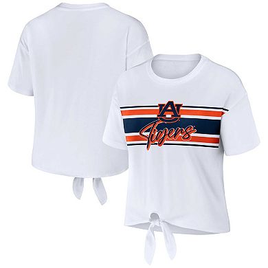 Women's WEAR by Erin Andrews White Auburn Tigers Striped Front Knot Cropped T-Shirt