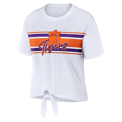 Women's WEAR by Erin Andrews White Clemson Tigers Striped Front Knot Cropped T-Shirt