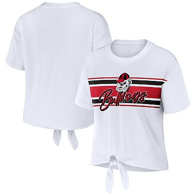 Women's WEAR by Erin Andrews White Georgia Bulldogs Striped Front Knot Cropped T-Shirt