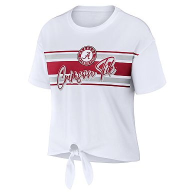 Women's WEAR by Erin Andrews White Alabama Crimson Tide Striped Front Knot Cropped T-Shirt