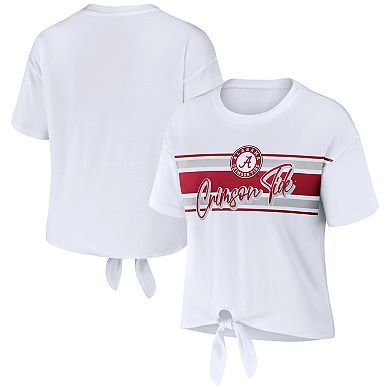 Women's WEAR by Erin Andrews White Alabama Crimson Tide Striped Front Knot Cropped T-Shirt