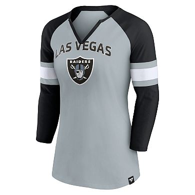 Women's Fanatics Branded Gray/Black Las Vegas Raiders Arch Raglan 3/4-Sleeve Notch Neck T-Shirt