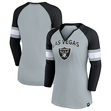 Women's Fanatics Branded Gray/Black Las Vegas Raiders Arch Raglan 3/4-Sleeve Notch Neck T-Shirt