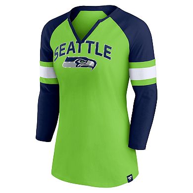 Women's Fanatics Branded Neon Green/College Navy Seattle Seahawks Arch Raglan 3/4-Sleeve Notch Neck T-Shirt