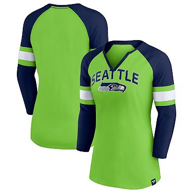 Women's Fanatics Branded Neon Green/College Navy Seattle Seahawks Arch Raglan 3/4-Sleeve Notch Neck T-Shirt