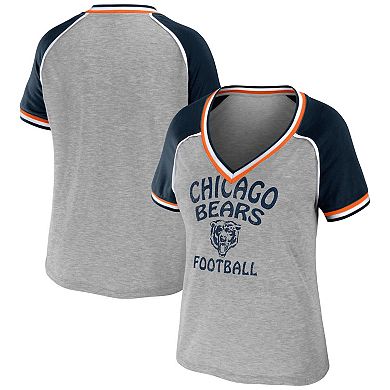 Women's WEAR by Erin Andrews Heather Gray Chicago Bears Throwback Raglan V-Neck T-Shirt