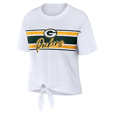 Women's WEAR by Erin Andrews White Green Bay Packers Front Tie Retro T-Shirt