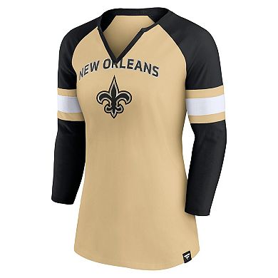 Women's Fanatics Branded Gold/Black New Orleans Saints Arch Raglan 3/4-Sleeve Notch Neck T-Shirt