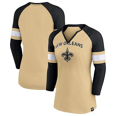 Women's Fanatics Branded Gold/Black New Orleans Saints Arch Raglan 3/4-Sleeve Notch Neck T-Shirt