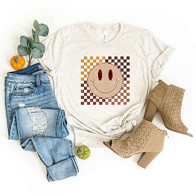 Fall Checkered Smiley Short Sleeve Graphic Tee