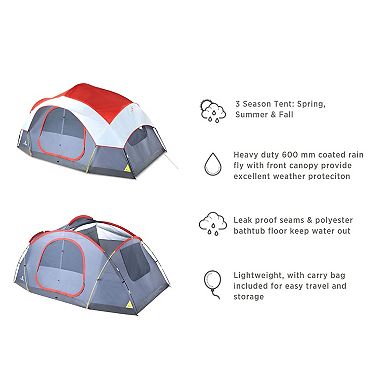 Outbound 8 Person 3 Season Easy Up Camping Dome Tent with Rainfly & Bag, Red