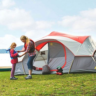 Outbound 8 Person 3 Season Easy Up Camping Dome Tent with Rainfly & Bag, Red