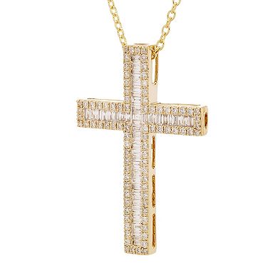 The Regal Collection 14k Gold 1 Carat T.W. Certified Diamond Baguette Cross Pendant