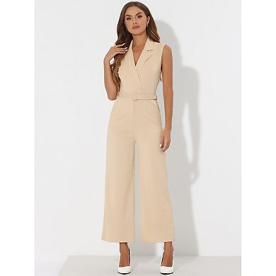 Womens' Sleeveless Button Front Closure Long Wide Leg With Pocket Jumpsuits Belt