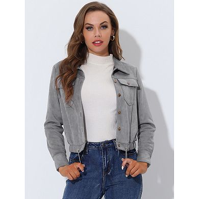 Women's Faux Suede Point Collar Button Down Cropped Motorcycle Jacket