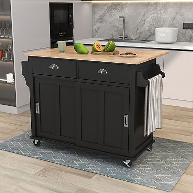 Merax Kitchen Cart with Rubber wood Drop-Leaf Countertop