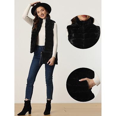 Fluffy Vest Jacket For Women's Stand Collar Warm Faux Fur Winter Sleeveless Coat