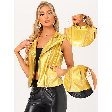 Shiny Metal for Women's Stand Collar Sleeveless Zipper Vest