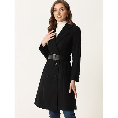 Women's Lapel Collar Winter Belted Double Breasted Long Coat