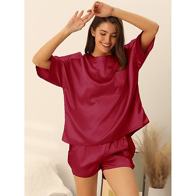 Cheibear Womens Pajama Set 2 Piece Lounge Satin Set Shorts And Short Sleeves T-shirt With Pockets