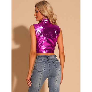 Metallic Vest for Women's Faux Leather Zip Up Y2K Sleeveless Cropped Jacket
