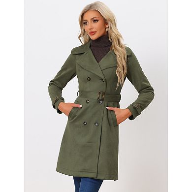 Women's Faux Suede Notched Lapel Strap Cuff Solid Double Breasted Tie Belt Trench Coat