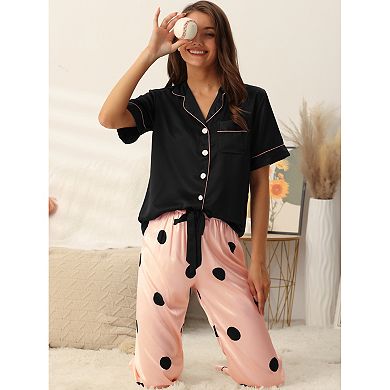 Womens Satin Sleepwear Button Down Short Sleeve With Loose Pants Silky Lounge Pajama Sets