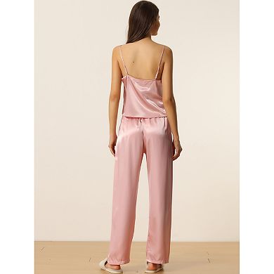 cheibear Womens Satin Lounge Lace Trim Cami Tops with Pants Sleepwear Pajamas Sets