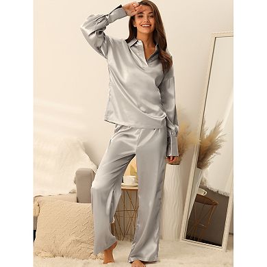 Women's Satin Outfits Pajamas Collar V Neck Tops With Pants Csaual Lounge Sets