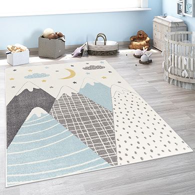 Kids Rug with Pastel Mountains dreamy Stars and Moon for Nursery
