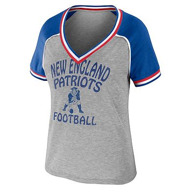 Women's WEAR by Erin Andrews Heather Gray New England Patriots Plus Size Throwback Raglan V-Neck T-Shirt