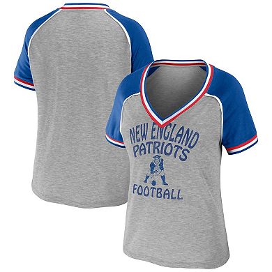 Women's WEAR by Erin Andrews Heather Gray New England Patriots Plus Size Throwback Raglan V-Neck T-Shirt