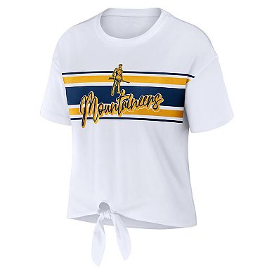 Women's WEAR by Erin Andrews White West Virginia Mountaineers Striped Front Knot Cropped T-Shirt