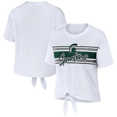 Women's WEAR by Erin Andrews White Michigan State Spartans Striped Front Knot Cropped T-Shirt
