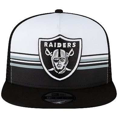 Men's New Era White/Black Las Vegas Raiders Striped A-Frame 9FIFTY Trucker Snapback Hat