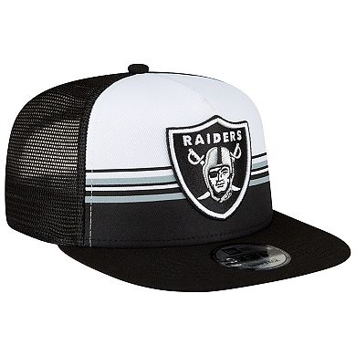 Men's New Era White/Black Las Vegas Raiders Striped A-Frame 9FIFTY Trucker Snapback Hat