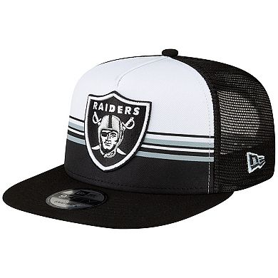 Men's New Era White/Black Las Vegas Raiders Striped A-Frame 9FIFTY Trucker Snapback Hat